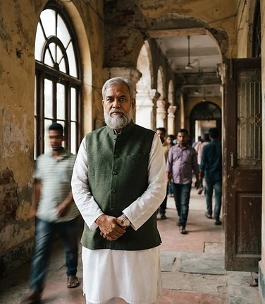 The association chairman standing with quiet resolve in a historic Dhaka civic corridor